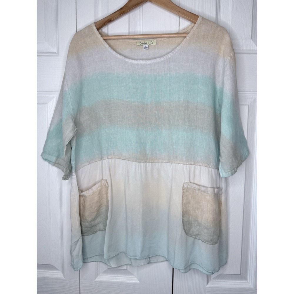Camille & Co 100% Linen Colorblock Tunic‎ Top M Pastel Pockets Lagenlook Boho